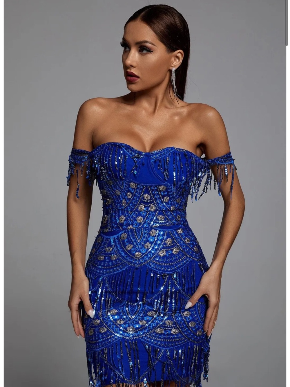 Strapless Royal Blue Sequin Fringe Cocktail Dress